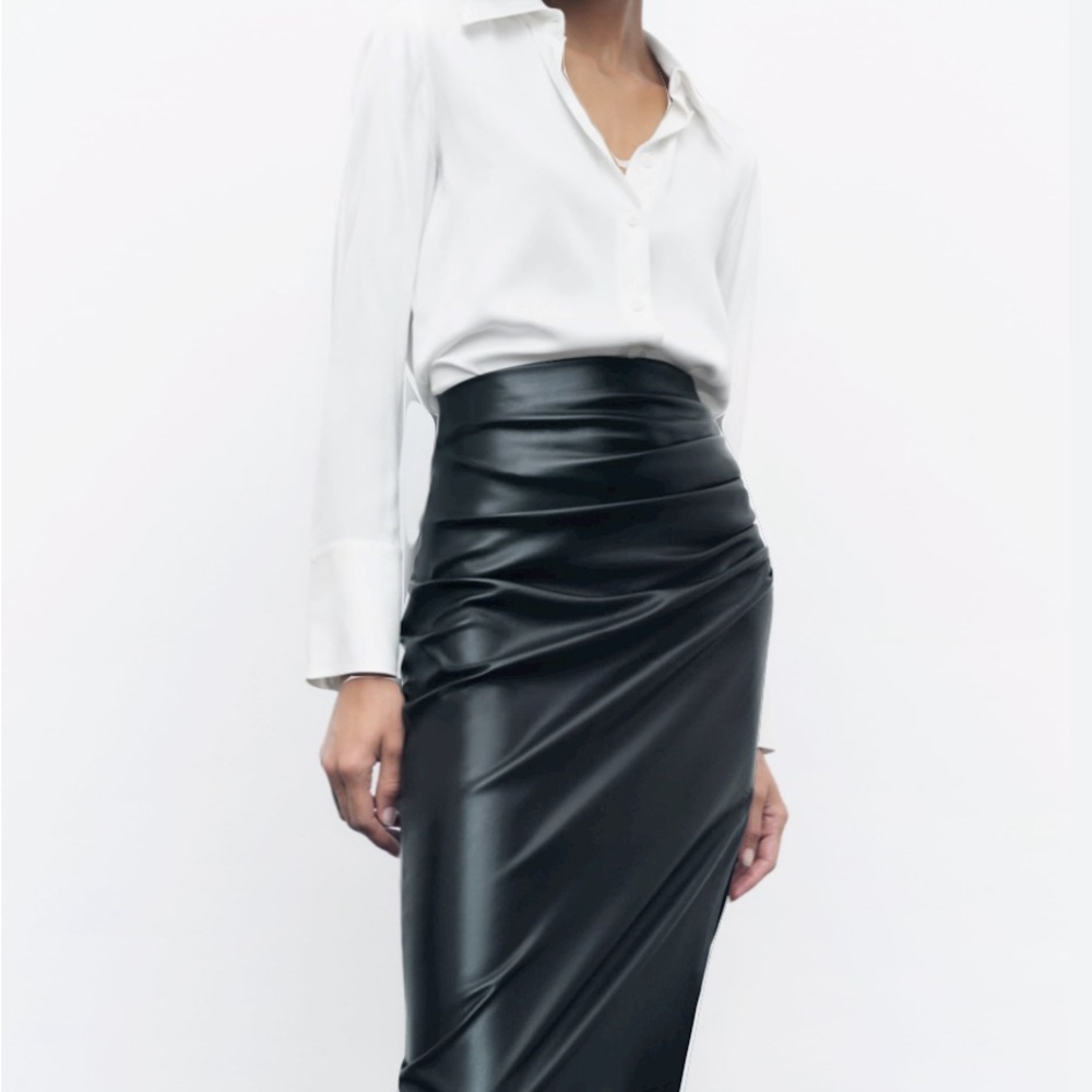 Zara, Faux Leather Pencil Skirt, High Waisted, Side Slit, Color Black